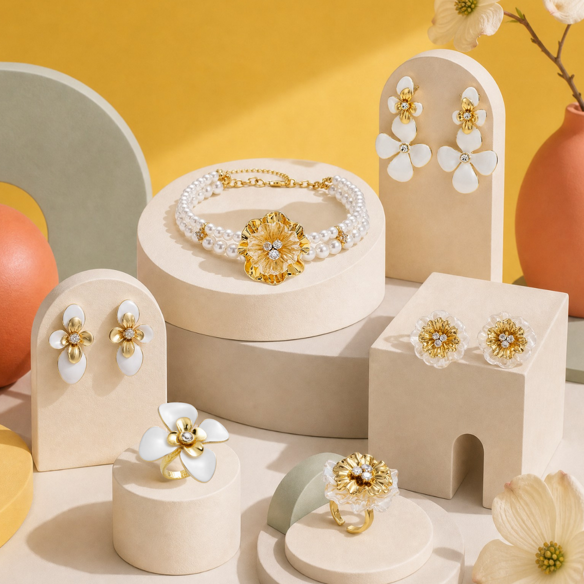Nocturne in Bloom collection hero image with floral gold jewelry and pearl accessories