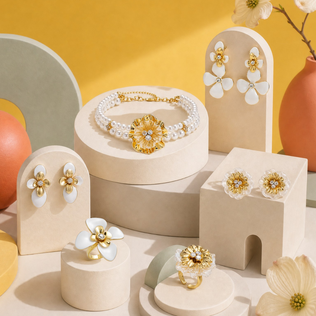 Nocturne in Bloom collection hero image with floral gold jewelry and pearl accessories